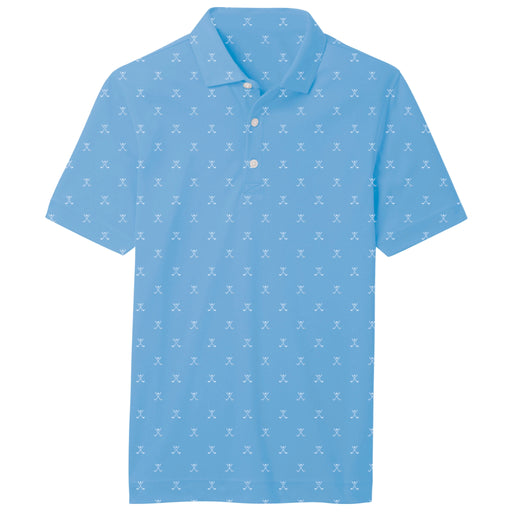 Footjoy Junior Golf Print Self Collar Polo Shirt in Light Blue with repeat golf clubs pattern