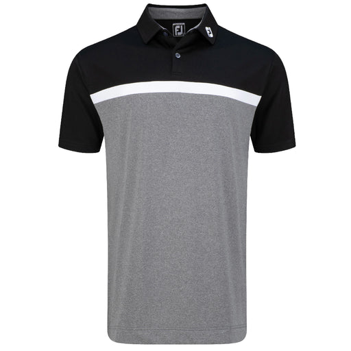 FootJoy Lisle Colour Block Polo Shirt with two-tone Black and Charcoal with a White Stripe across the chest.
