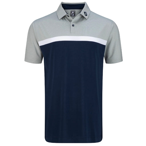 FootJoy Lisle Colour Block Polo Shirt with two-tone Heather Grey and Navy with a White Stripe across the chest.