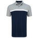 FootJoy Lisle Colour Block Polo Shirt with two-tone Heather Grey and Navy with a White Stripe across the chest.