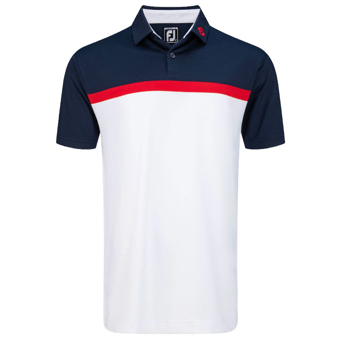 FootJoy Lisle Colour Block Polo Shirt with two-tone Navy and White with a Red Stripe across the chest.