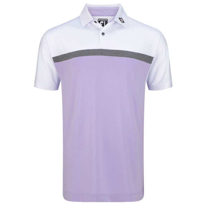 FootJoy Lisle Colour Block Polo Shirt with two-tone White and Lavender with a Charcoal Stripe across the chest.