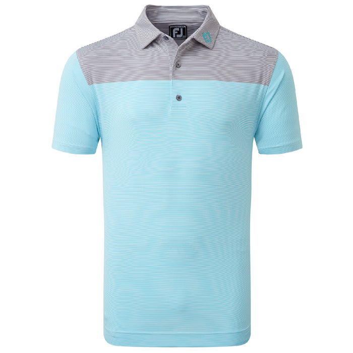 FootJoy Lisle End on Strip Polo Shirt Features two tones in Maui Blue and Lava and has a subtle white strip throughout