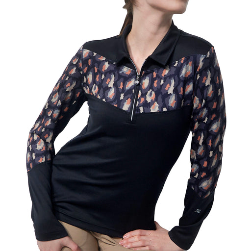 Daily Sports Ladies Bondy Long Sleeve Polo Shirt in Black and featuring a print pattern across chest and upper arms