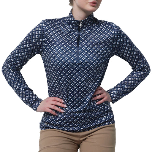 Daily Sports Ladies Chelles Long Sleeve Polo Shirt in Navy, White and Beige Geo Print