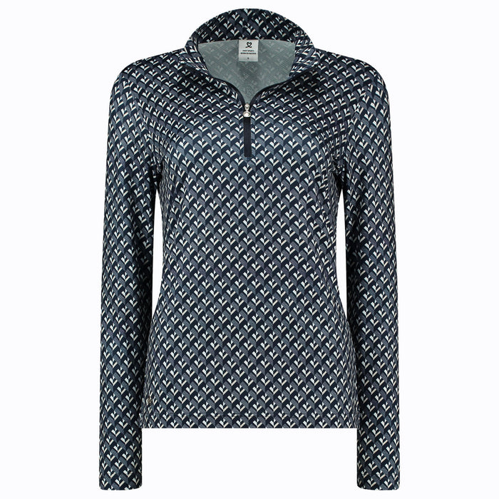 Daily Sports Ladies Chelles Long Sleeve Polo Shirt in Navy, White and Beige Geo Print