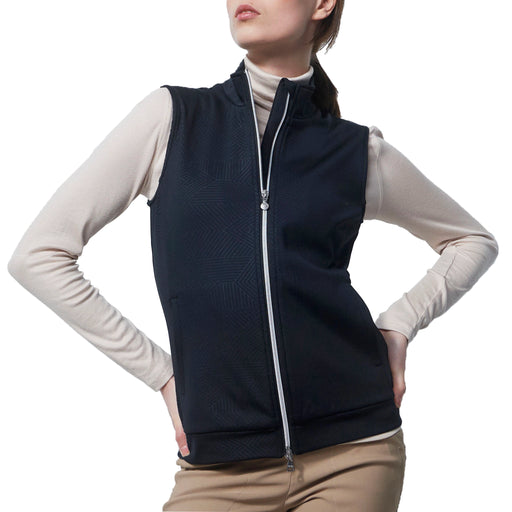 Daily Sports Ladies Miranda Vest in black featuring a silver zipper and subtle geometric pattern
