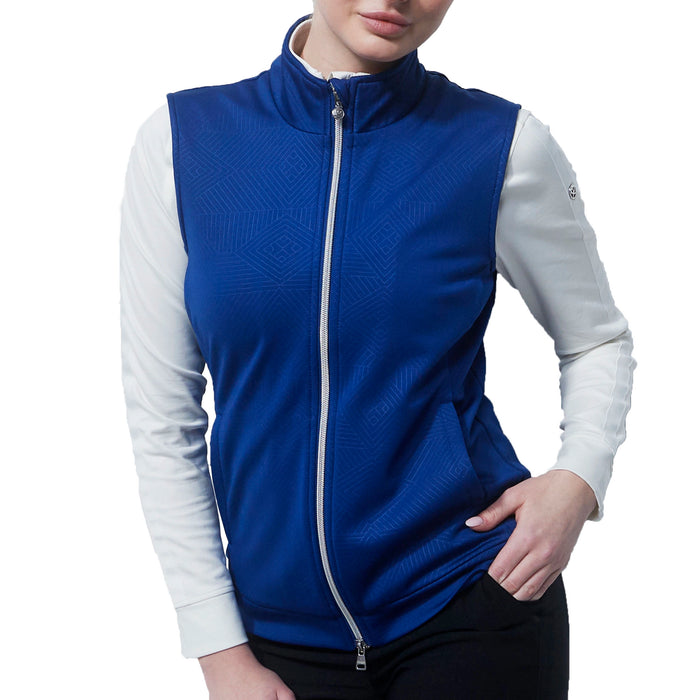 Daily Sports Ladies Miranda Vest in spectrum blue featuring a silver zipper and subtle geometric pattern
