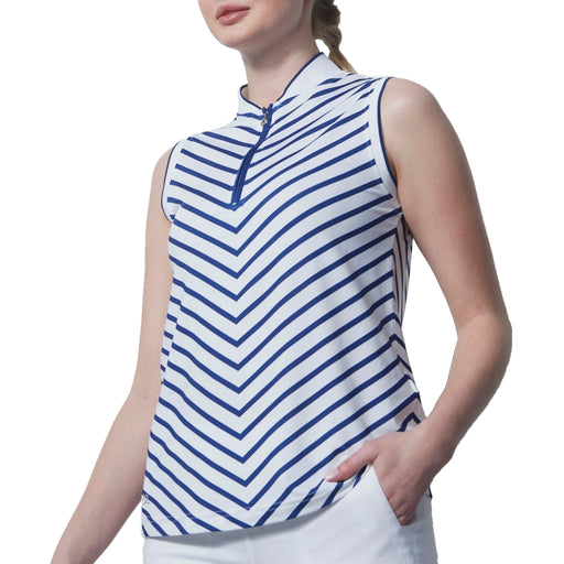 Daily Sports Ladies Salerno Sleeveless Polo Shirt with Diagonal Blue Strips with on a White background