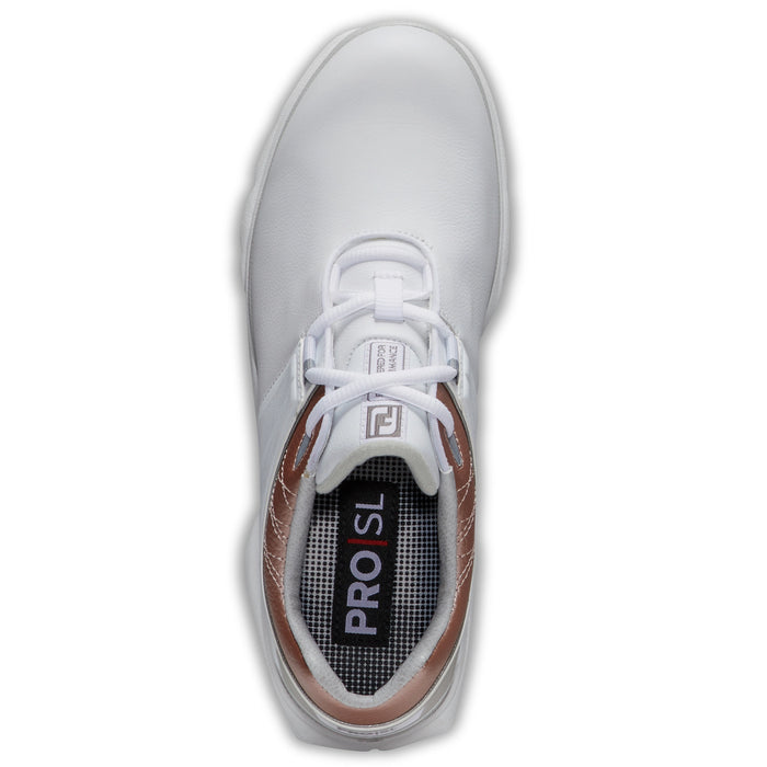 FootJoy Ladies 2023 Pro SL Golf Shoes in White and Metalic Rose