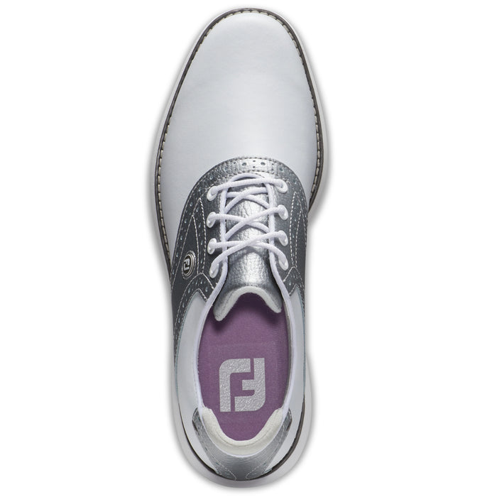 FootJoy Ladies 2023 Traditions Golf Shoes in White and Silver with a light lilac sole