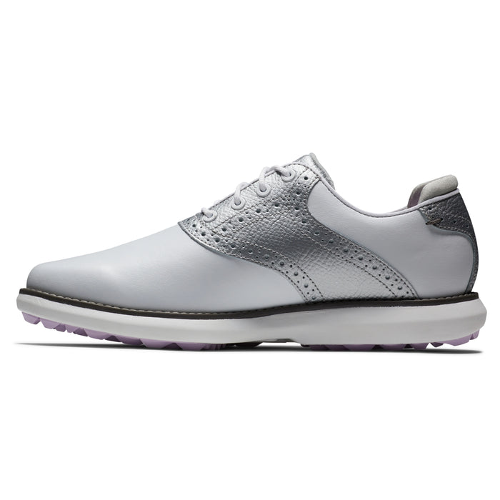 FootJoy Ladies 2023 Traditions Golf Shoes in White and Silver with a light lilac sole