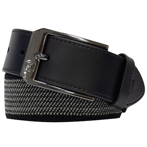 FootJoy leather belt with stretchable band in black and grey. Buckle is silver.