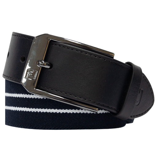 FootJoy leather belt with stretchable band in navy and white stripe. Buckle is silver.