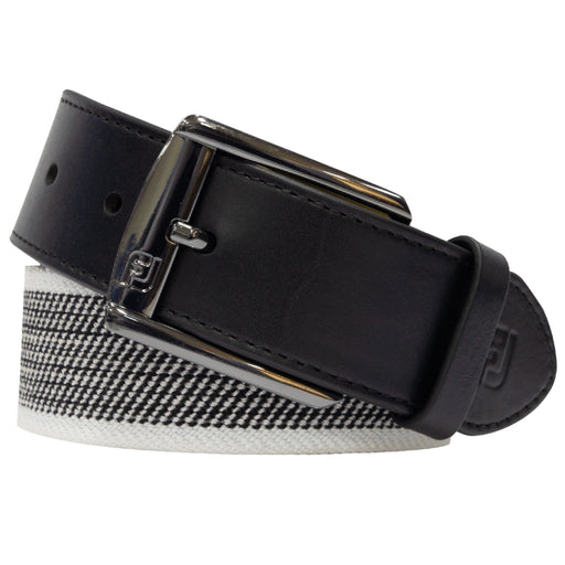 FootJoy leather belt with stretchable band in white and black weave. Buckle is silver.