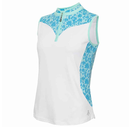 Green Lamb Erin Sleeveless Zip Neck Polo Shirt in White and Blue Botanica Print