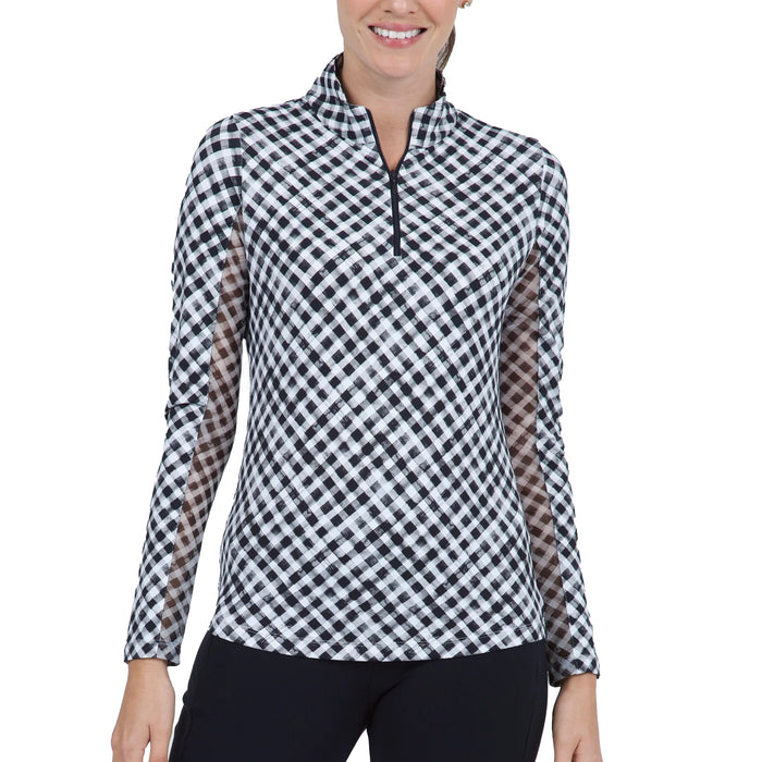 IBKUL Gingham Check Long Sleeve Zip Mock