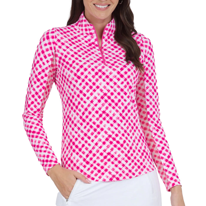 IBKUL Gingham Check Long Sleeve Zip Mock