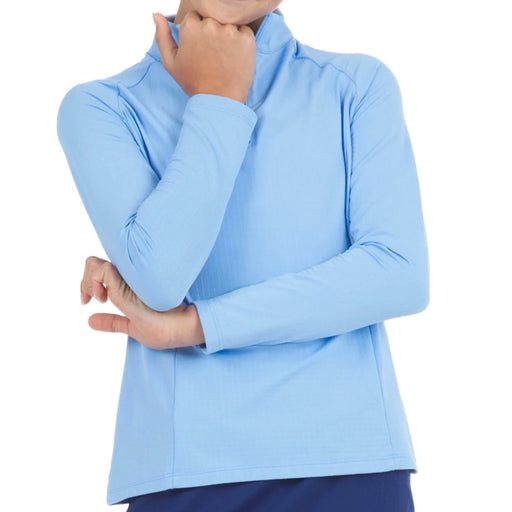 IBKUL Girls Solid Long Sleeve Mock Neck Top in Peri Blue - features a three-quarter length zip at the neck