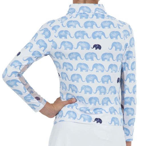 IBKUL Girls Velmina Print Long Sleeve Mock Neck Polo Shirt in Peri Navy. Features all-over elephant print