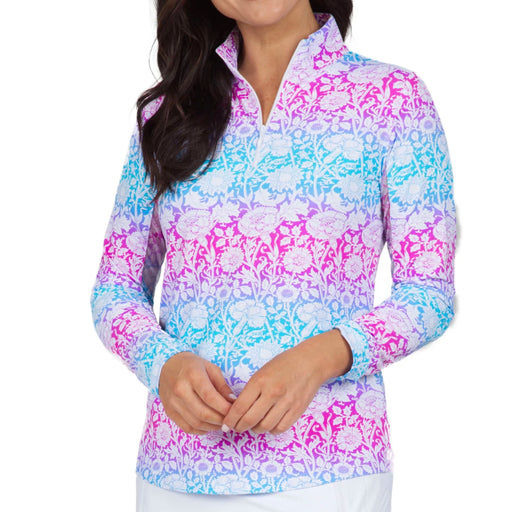 IBKUL Jesse Print Long Sleeve Mock Neck in Hot Pink and Turquoise