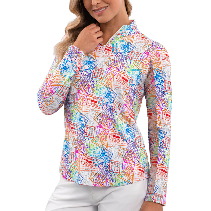 IBKUL 2026 Global Impression Print Long Sleeve Mock Neck Top - Red Multi