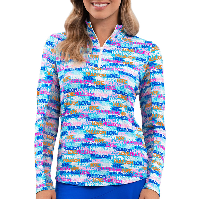 IBKUL Ladies 2026 Happiness Print Long Sleeve Mock Neck Top - Turquoise Multi