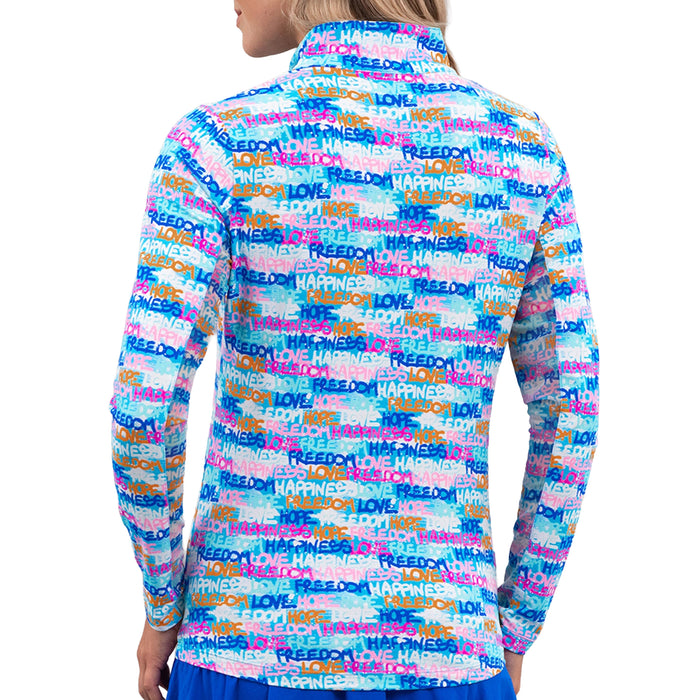 IBKUL Ladies 2026 Happiness Print Long Sleeve Mock Neck Top - Turquoise Multi