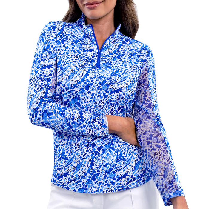 IBKUL Ladies 2026 Yesenia Print Long Sleeve Mock Neck Top - Blue