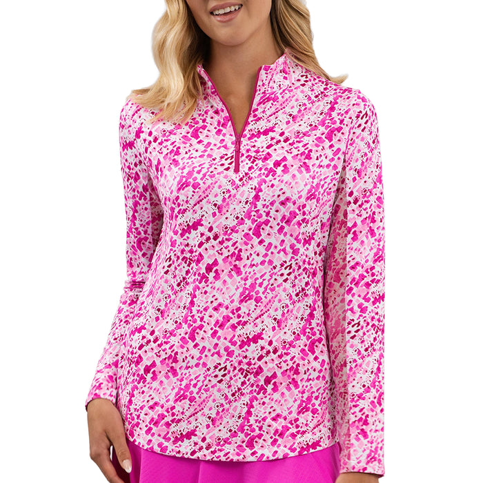 IBKUL Ladies 2026 Yesenia Print Long Sleeve Mock Neck Top - Hot Pink