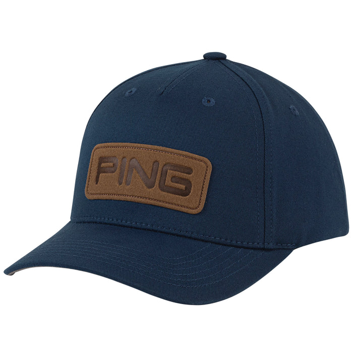 PING 214 Clubhouse Snapback Cap in navy with faux leather PING logo on the front