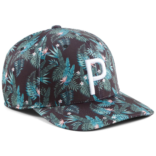 Puma Aloha P Cap in eucalyptus and black. Features a tropical print in muted greens