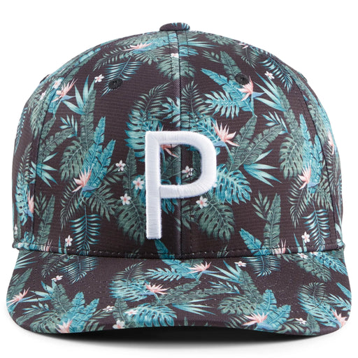 Puma Aloha P Cap in eucalyptus and black. Features a tropical print in muted greens